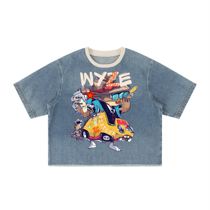 Unisex Vintage Wash Boxy Raw Hem Denim T-Shirt