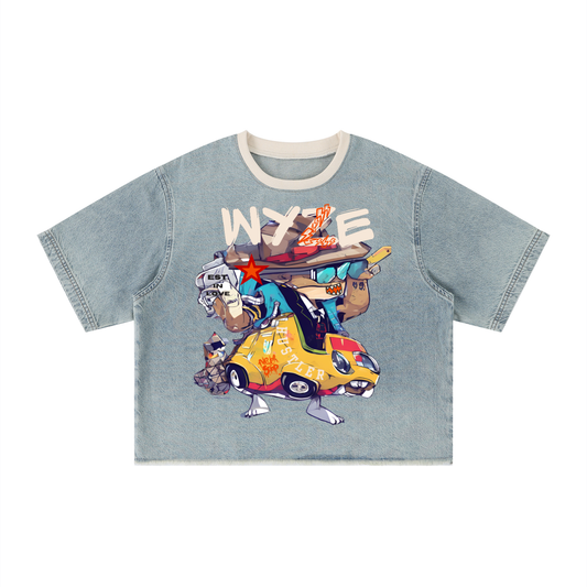 Unisex Vintage Wash Boxy Raw Hem Denim T-Shirt