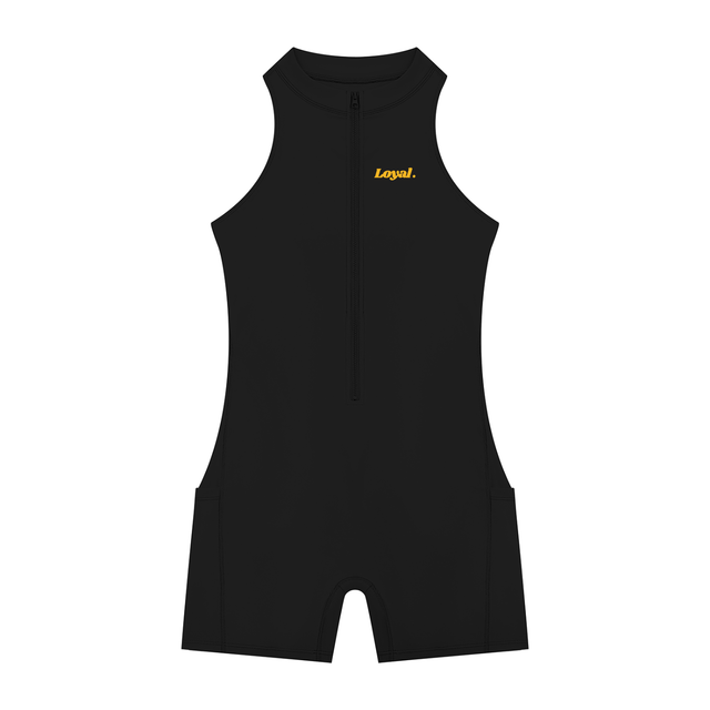 Women’s Quarter-Zip Yoga Romper in Black by DKRTL WYZE