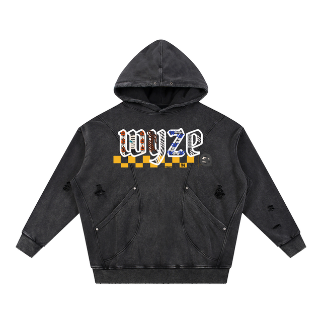 Snow Washed Distressed Panel Pocket Hoodie in Black by DKRTL WYZE