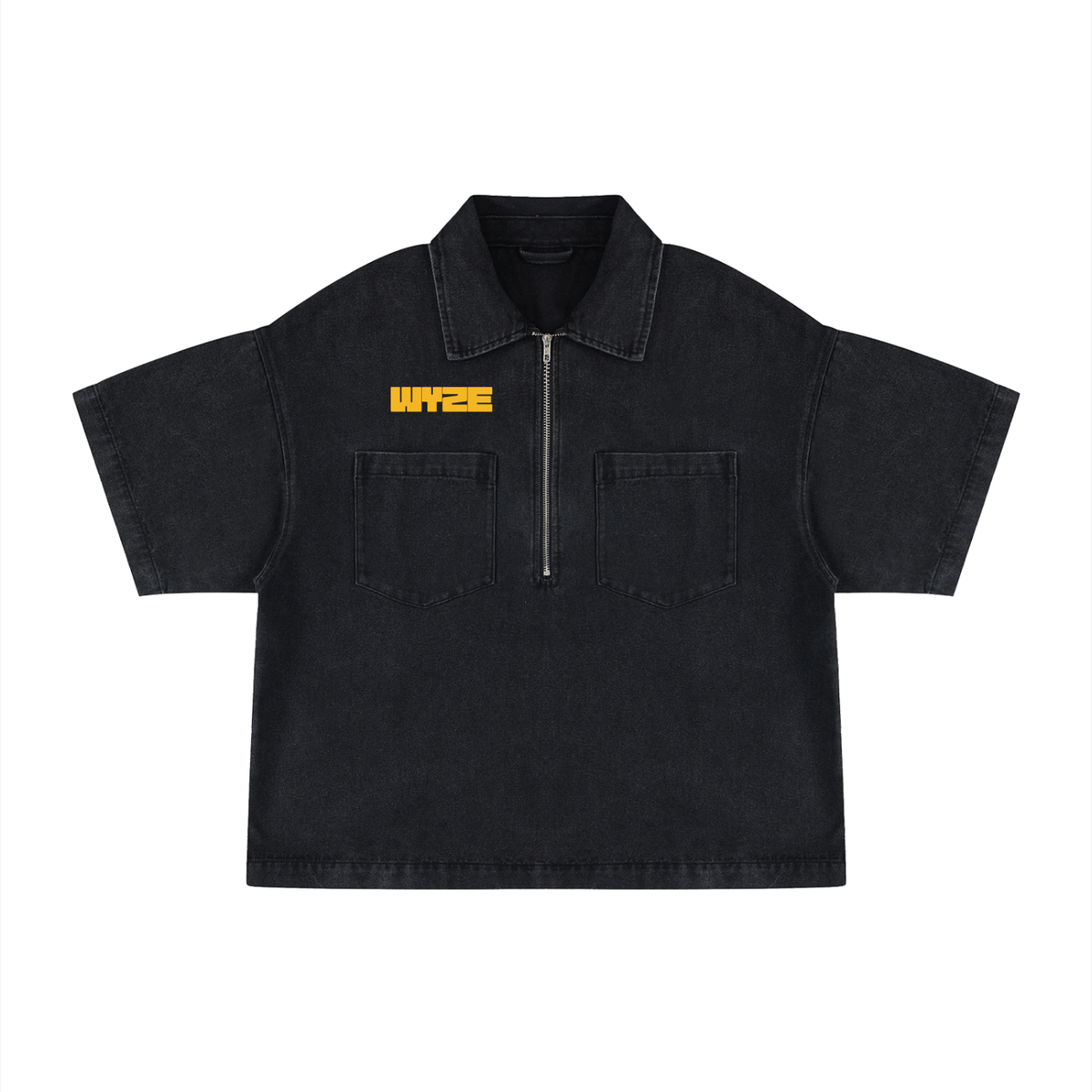 Unisex Vintage Wash Boxy Quarter-Zip Denim Shirt in Black by DKRTL WYZE