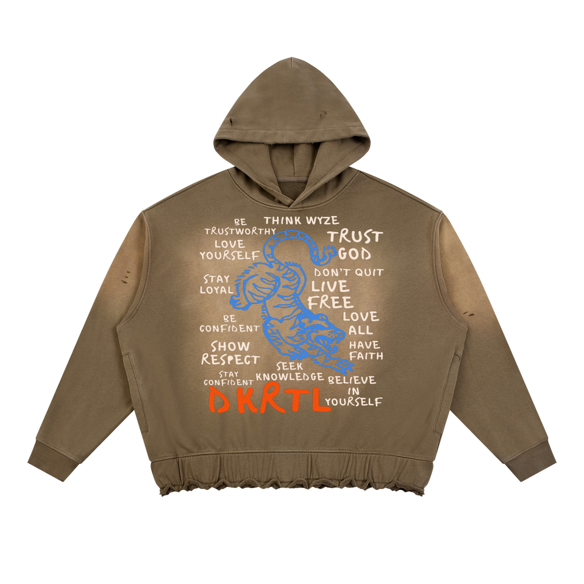 Unisex Sunfade Ripped Boxy Hoodie in Khaki Brown by DKRTL WYZE