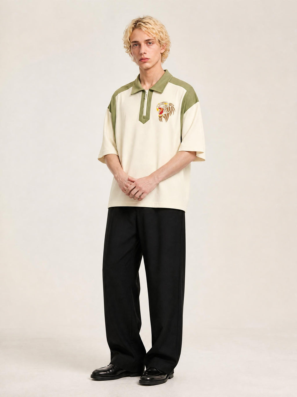 Unisex Color Block Quarter-Zip Polo Shirt in Apricot with Light Green by DKRTL WYZE