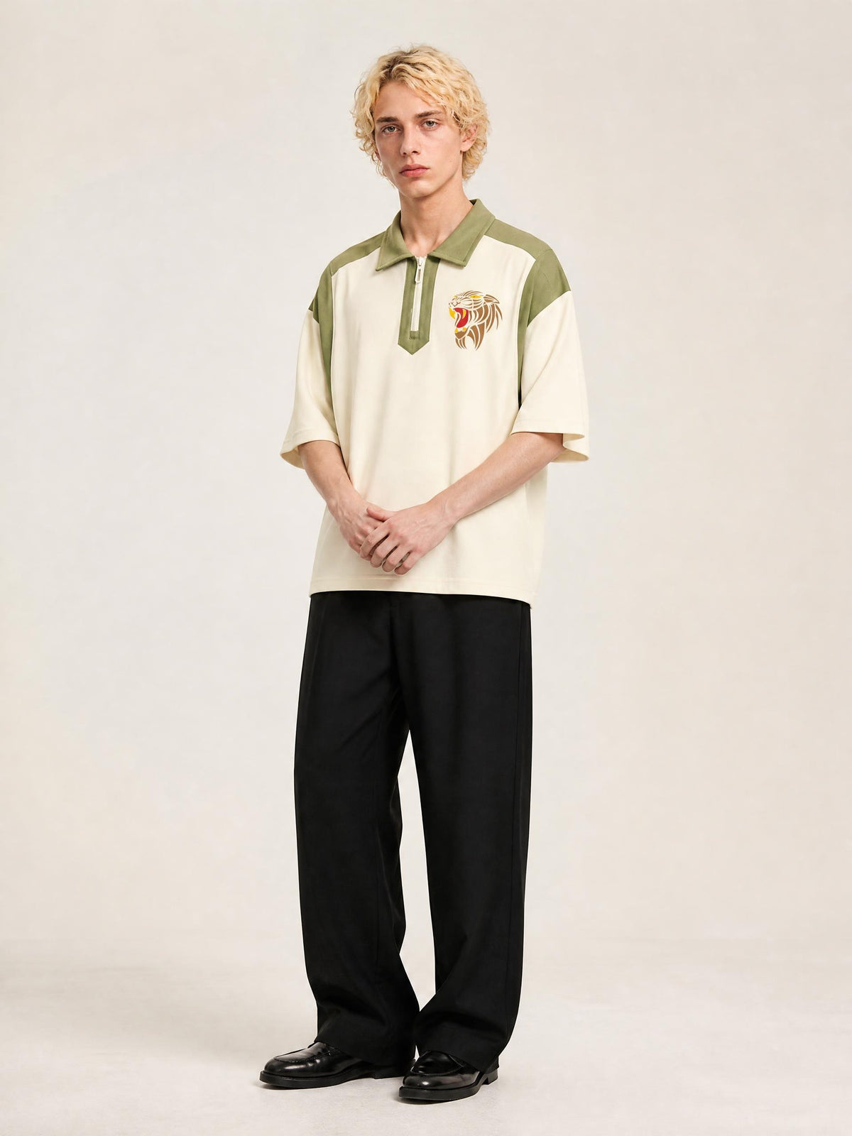 Unisex Color Block Quarter-Zip Polo Shirt in Apricot with Light Green by DKRTL WYZE