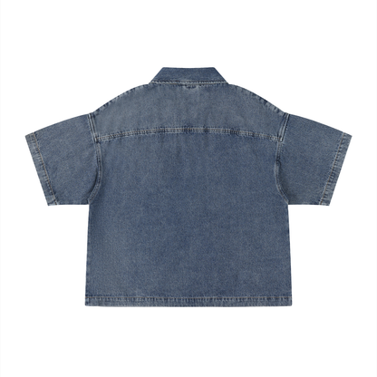 Unisex Vintage Wash Boxy Quarter-Zip Denim Shirt