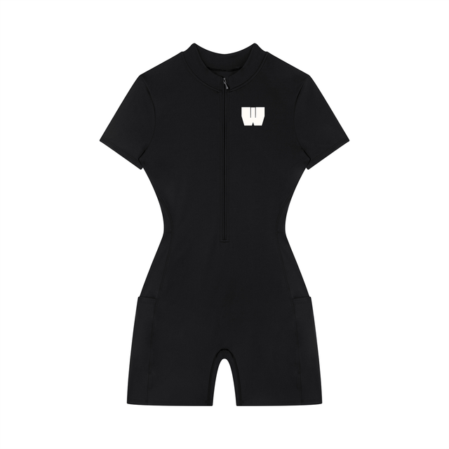 Women's Quarter-Zip Short Sleeve Romper in Black by DKRTL WYZE