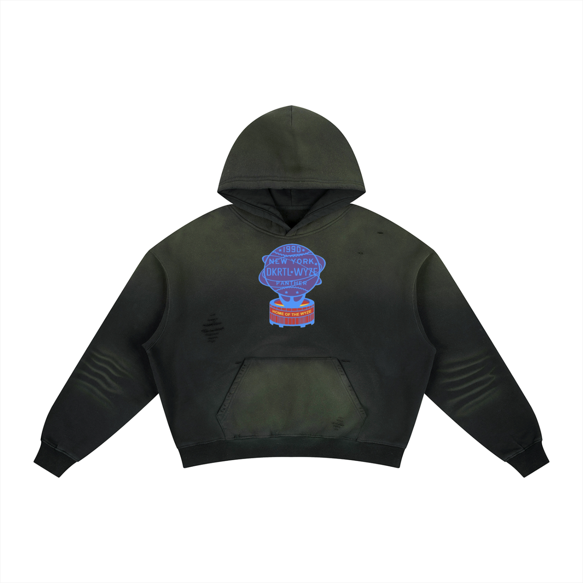 Frayed Sunfade Boxy Fleece Hoodie in Black by DKRTL WYZE